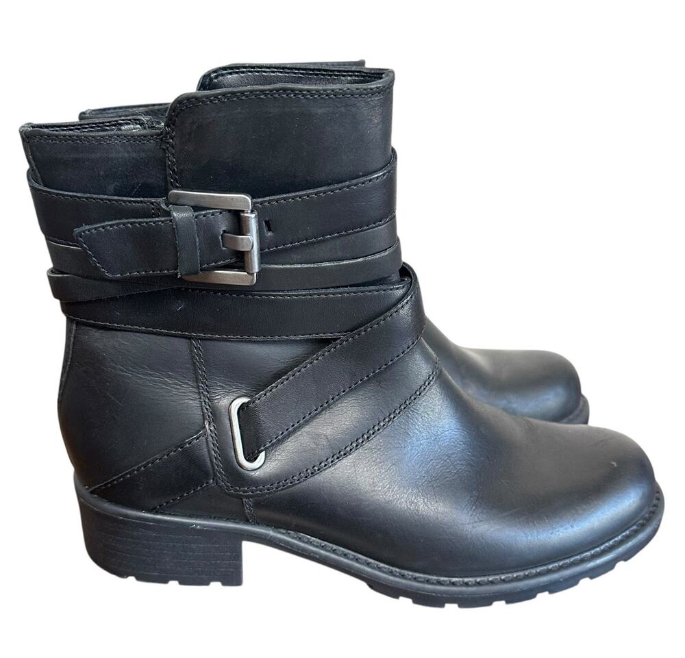 Clarks Women's Orinoco Sash Black Leather Moto Ankle Boots Block Heel Zip Size 8